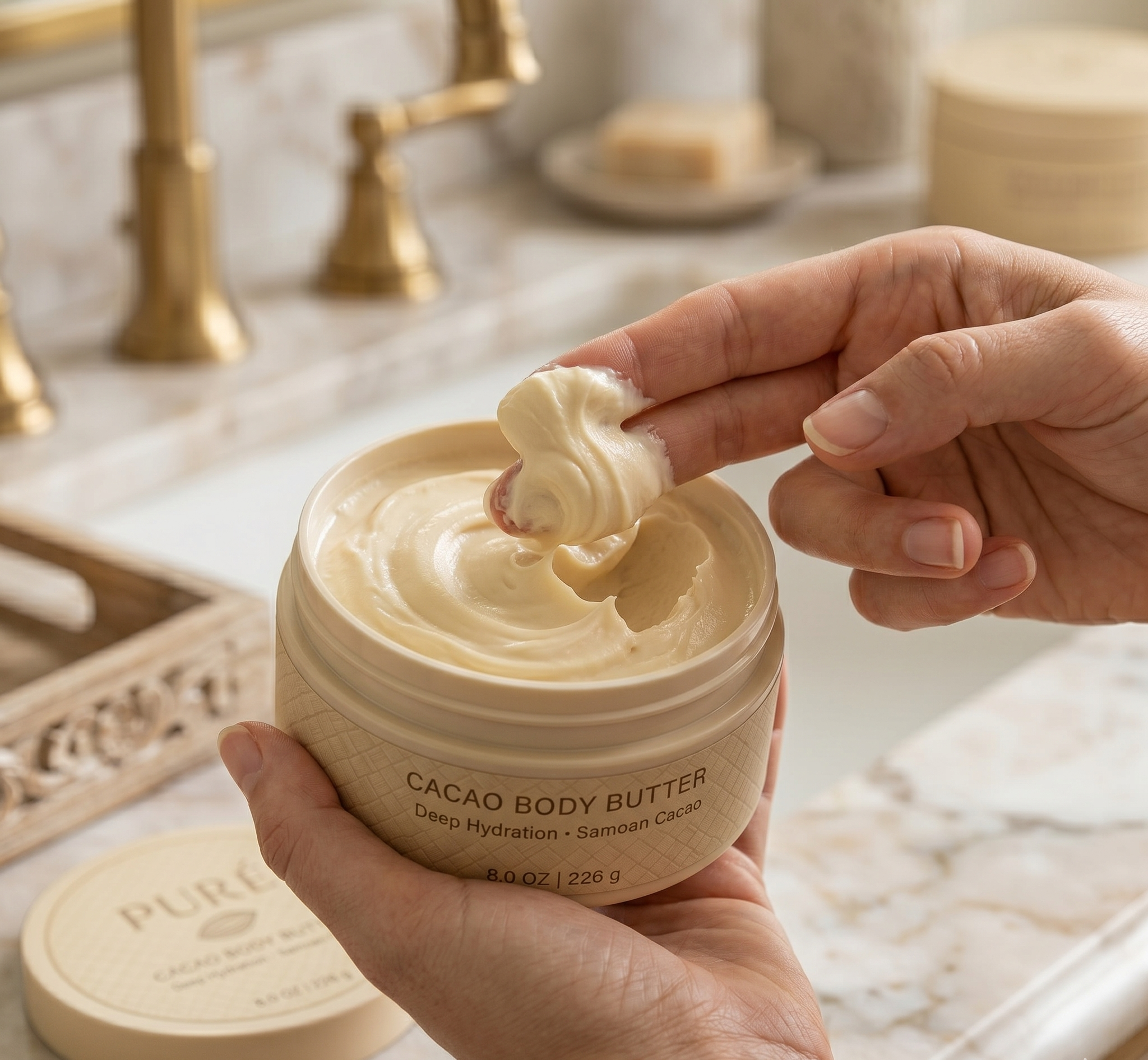 Person applying cacao body butter from a jar in a bathroom setting